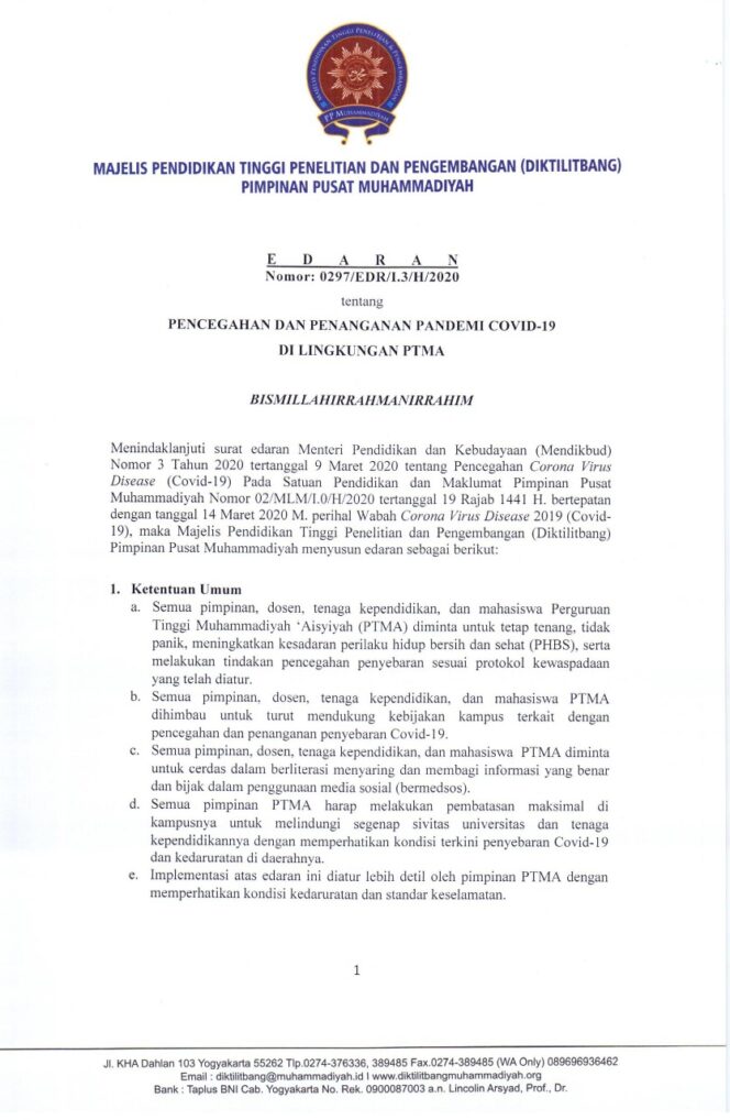 
 Ini Himbauan Majelis DIKTI Muhammadiyah Terkait Penanganan Dan Pencegahan COID 19 Di PTM